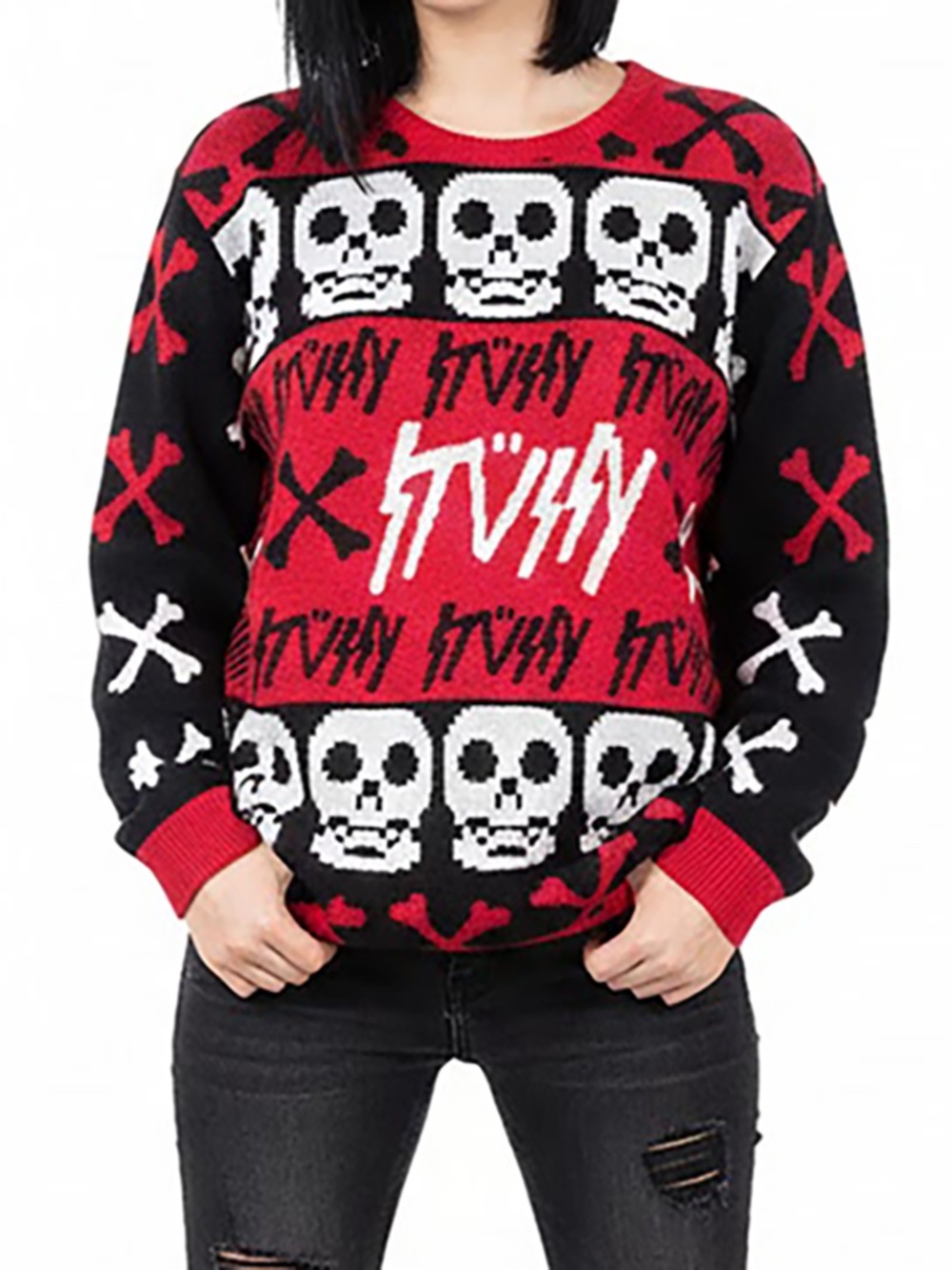 Stussy Red Black Skull Print Goth Punk Sweater RARE